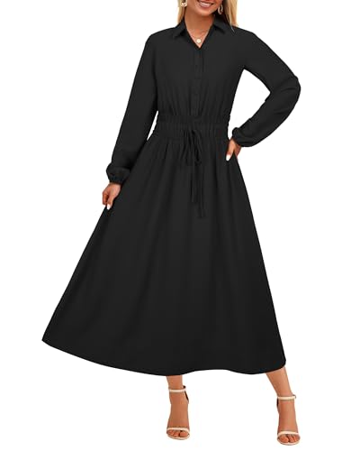 Toplop Damen Kleid Langarm mit V-Ausschnitt & Knopf Knielanges Elegantes Blusenkleid Mit Taschen für Herbst,Frühling & Winter Schwarz XL