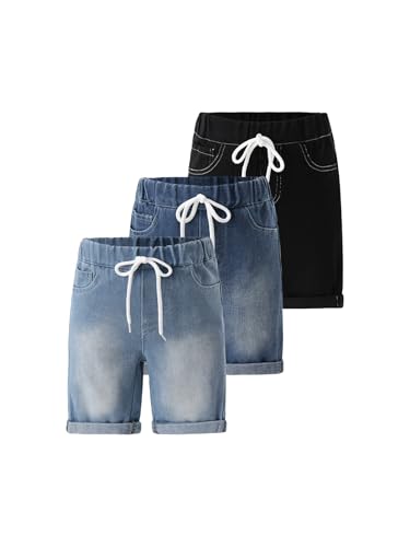Jolyshlid Boys Denim Shorts 3-Pack Pull On Elastic Waist Straight Leg with Pockets Loose Fit Casual Jean Shorts 4-5Y