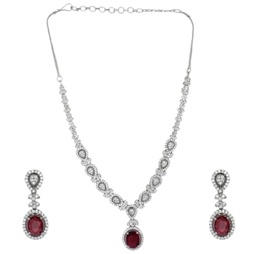 Image of American Diamond Necklace Set | CZ Stones, Rhodium-Plated Finish | Bridal Jewelry with Earrings for Weddings, Parties & Festivals