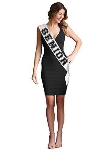 Senior Night Sashes - Black Sparkle White Premium Grade Satin Sash - Senior Night Gifts - White Sash (Blk Snr) wht2