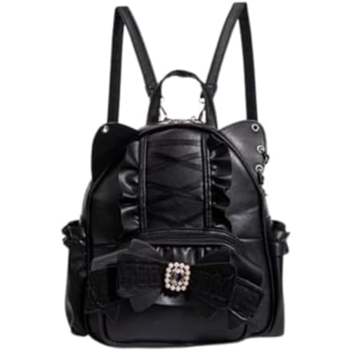 Kawaii cat ear backpack Lolita butterfly bag Y2K Japanese ins style drawstring backpack (Black)