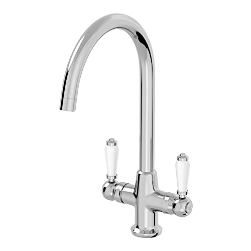 Traditional Mono Kitchen Sink Mixer Tap Twin Lever Handles Swivel Spout Chrome