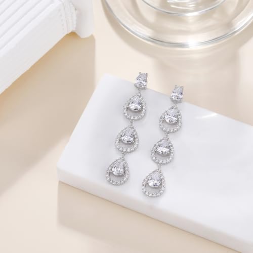 EAMTI 925 Sterling Silver Posts Dangle Earrings for Women Wedding Bridal Earrings Cubic Zirconia Teardrop Long Statement Earrings3