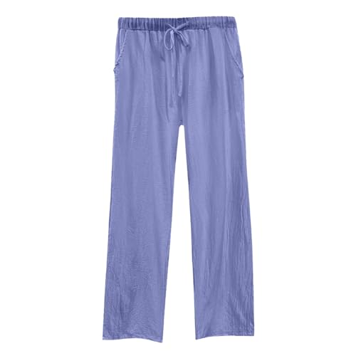 Generisch Pantalones de verano largos y ligeros para mujer, de lino, de un solo color, holgados, de pierna ancha, pantalones informales de tela con cordón y bolsillos, pantalones de deporte, cómodos