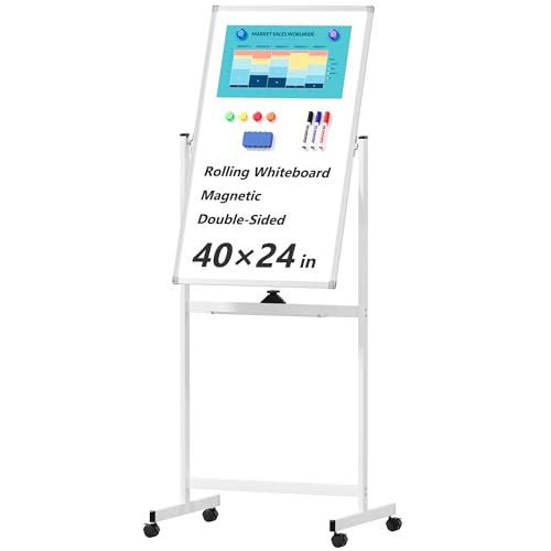 Image of Large Rolling Whiteboard on Wheels, 40 inch x 24 inch Double-Sided Mobile White Board with Stand, Portable Standing Magnetic Dry Erase Board Easel for Home Office Classroom School, Silver