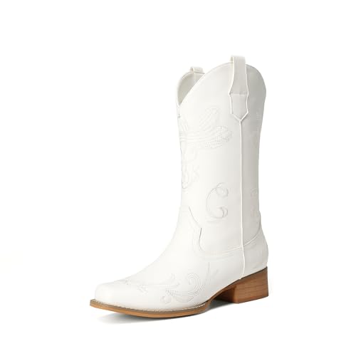 Image of DREAM PAIRS Women's Square Toe Cowboy Cowgirl Boots Pull On Low Chunky Heel Mid Calf Western Boots with Embroidered Stitched for Theme Party Country Concert
