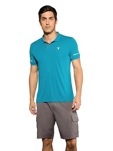 Image of TECHNOSPORT Men's Solid Slim Fit Polo Collar T-Shirt TECHNOCOOL+ Half Sleeve Button Polyester for Gym Running Workout UPF50+ Anti Odour