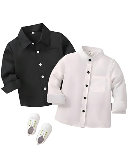 Image of Boys Shirt, Black and White Plaid and Light Blue Solid, Long Sleeve Button-Up, 2 Pack