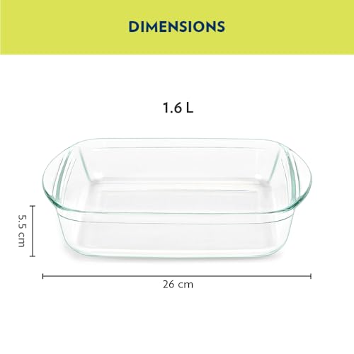 Image of Borosil Baking & Serving Dish with Handle | Square Bowl Container | Borosilicate Glass Bakeware and Serveware Casserole Dish Tray | Microwave, Oven & Dishwasher Safe | Transparent (1.6L)