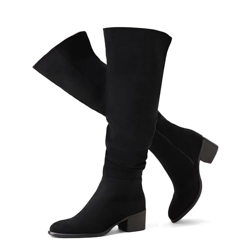 Shoe'N Tale Women's Over The Knee Thigh High Boots Chunky Block Heel Pointed Toe Slouchy Side Zipper Fall Weather Winter Boots