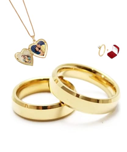 Par de Alianças Italianas 4mm Anatomicas Chanfradas com Anel Solitário com Pedra de Zirconia e Colar Relicário Porta Fotos Banhados a Ouro Com Caixa de Veludo Casamento Noivado Namoro