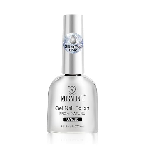 ROSALIND Glitter Top Coat Gel Nail Polish 11ml Clear Glitter Gel Polish Glossy Sparkle Finish Long Lasting Soak Off Pearlescent Shimmer Manicure Nail Art for Women