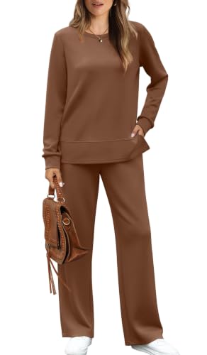 Image of WIHOLL Women's 2 Piece Lounge Sets Sweatshirt Casual Travel Outfits Fashion Wide Leg Tracksuit Cozy Sweatsuits