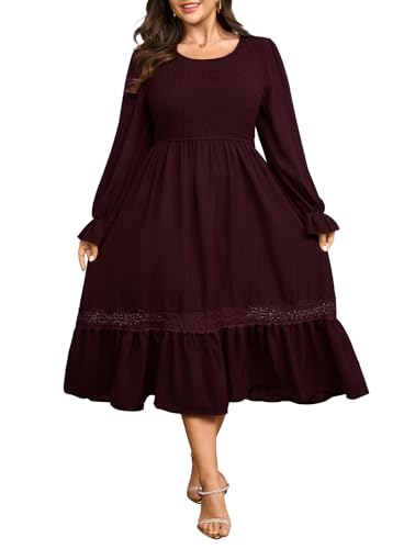 Plus Size Maxi Dress for Women Wedding Guest Fall Smocked Long Sleeve Round Neck Empire Waist Flowy Ruffle Dress 1XL~4XL