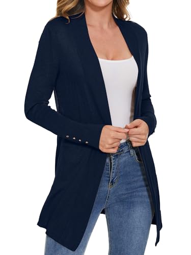 Image of Women Long Knit Cardigan Lightweight Open Front Sweaters | Capsule Wardrobe for Women, Relaxed fit, Buttoned Ribbed cuffs, Dressy Business Casual , for spring early fall office work