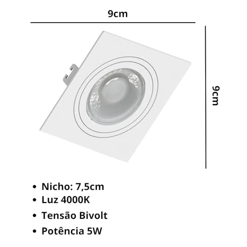 Kit 5 Spot LED Quadrado Branco Direcionável Embutir 5W Branco Neutro 4000K Bivolt