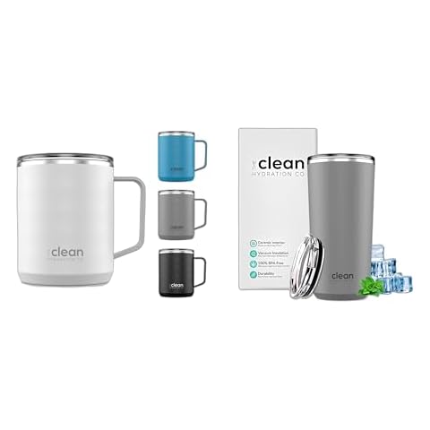 The Clean Hydration Co Insulated Stainless Steel Travel Mug Cup, Double Wall Ceramic Tumbler, No Metal Taste in Coffee Tumbler 12 Oz, White and Insulated Coffee Tumbler, Ceramic Lined, 20 Oz, Grey Cover