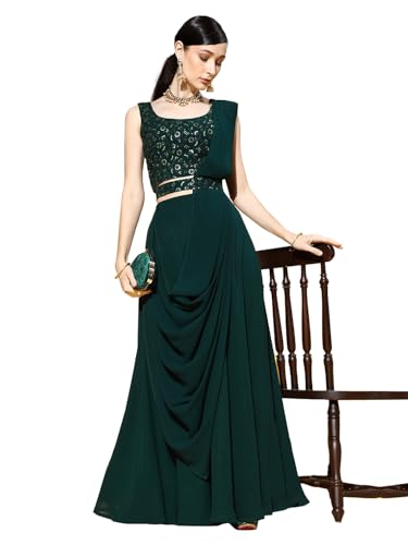 Image of TRENDMALLS Women's Chikankari Sequins Work Embroidery Georgette Lehenga Choli with Dupatta For Women-L246-DarkGreen(Bridal-Latest-Wedding-Festive-Lehenga-Free size)