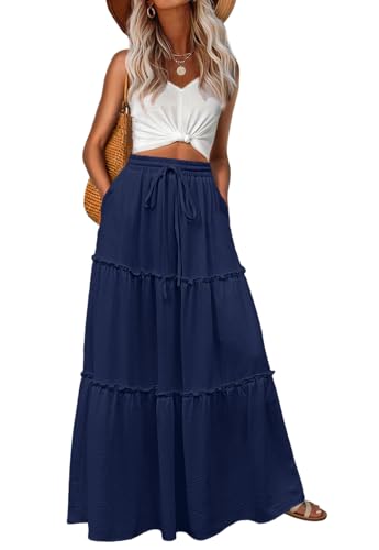 Image of Lepunuo Womens Casual Boho High Waisted Flowy Maxi Skirts Tiered Floral Long Skirts with Pockets for Summer Beach Vacation