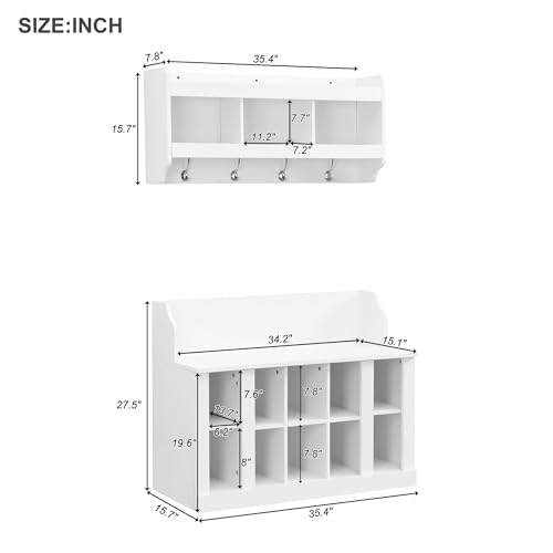 Image of Shoe Storage Bench with Shelves and 4 Hooks, Entryway Hall Tree with Shoe Cabinet with Coat Rack