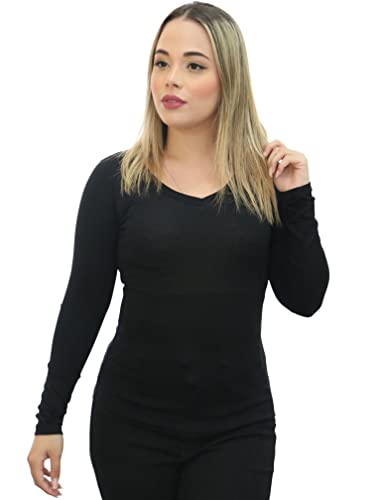 Camiseta manga longa feminino Kit 3 pçs segunda pele gola v viscolycra frio intenso Tamanho:M;Cor:Br