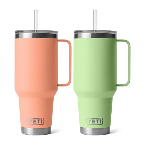 Rambler 42 oz Tumbler with Handle and Straw Lid, Travel Mug Water Tumbler, Vacuum Insulated Cup with Handle, Stainless Steel, Lowcountry Peach and Key Lime