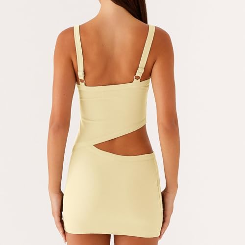 Image of Women Sexy Cutout Mini Dress Spaghetti Strap Backless V-Neck Patchwork Bodycon Short Dress Party Cocktail