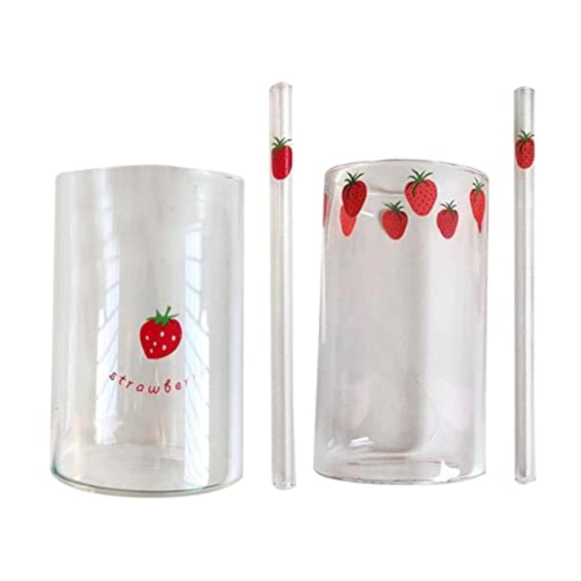 Strawberry Glass Cup with Straw, Transparent Drinking Cup