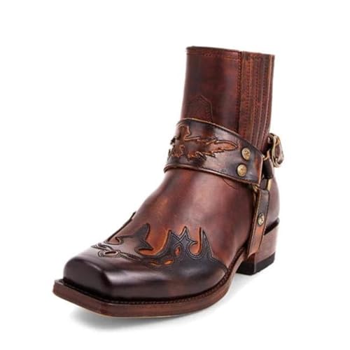 Men's Belt Strap Studded Western Cowboy Boots Square Toe Vintage Embroidery Pull On Ankle Boots Men's Fashionable Western Boots