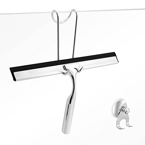 kowald Tergivetro per Doccia 25 cm in Acciaio Inox | Ventosa + Gancio Antigraffio per Vetro | Tergicristallo Professionale con Gomma di Ricambio | Kit Flessibile Senza Montaggio