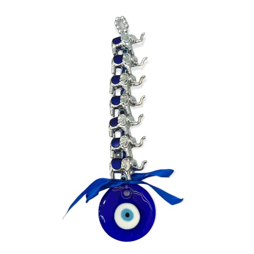 Image of AUGEN Evil Eye Wall Hanging Seven Elephant Design Blue Ornament for Home Office Shop Decor (10 Inches, 2359)