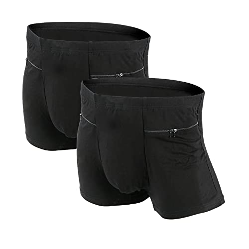 LUEXBOX Taschenunterwäsche für Herren mit versteckter versteckter Tasche, Reise-Boxershorts, 2 Packungen (schwarz), Schwarz, Large