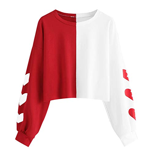 Aniywn Womens Long Sleeve Heart Print Patchwork Pullover Tops Round Neck Teens Short Hooded Sweatshirt Red