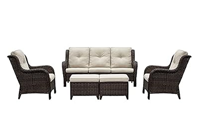 Rilyson Outdoor Furniture Set, 5-Piece Patio Rattan Wicker Sectional Sofa Set with 3-Seat Couch, 2 Armchairs, 2 Ottoman Footrests for Patio Conversation (5 PC,Brown/Beige)
