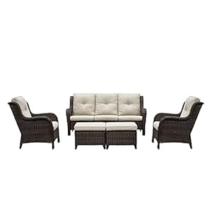 Outdoor Furniture Set, 5-Piece Patio Rattan Wicker Sectional Sofa Set with 3-Seat Couch, 2 Armchairs, 2 Ottoman Footrests for Patio Conversation (5 PC,Brown/Beige) Outdoor Furniture Set 5 Piece Patio Rattan Wicker Sectional Sofa Set with 3 Seat Couch 2 Armchairs 2 Ottoman Footrests for Patio Conversation 5 PCBrownBeige