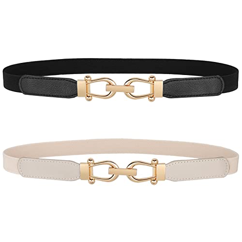 Women Skinny Elastic Belt for Dresses,Thin Retro Stretch Waist Belt with Golden Buckle2