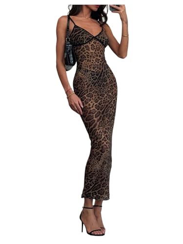 Image of BEAUDRM Women's Sexy Cheetah Sheer Dress Y2K Mesh Leopard See Through Bodycon Maxi Dress Going Out Date Party Rave Clubwear