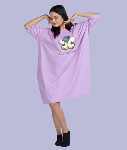 Image of LAMA STORE Women's Printed Oversized T-Shirt Dress, Cotton, 3 /4 Sleeve Length, Casual Loose Fit, Comfort Wear Extra Comfy Oversized Printed Pocket T-Shirt Dress