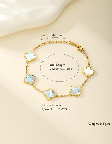 Genuine Mother of Pearl Four Leaf Clover Bracelet, 18K Gold Plated Dainty Jewelry, Lucky Charm Gift for Women (Pearl White/Ocean Blue/Sweet Lilac)3