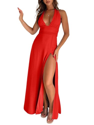 Ekaliy Womens Sexy Halter Deep V Neck Maxi Dress Sleeveless Backless Split Long Dress