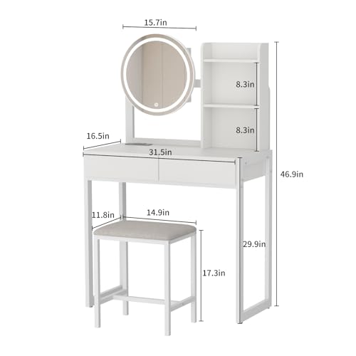 Image of VFK Small Vanity Desk with Mirror and Lights, Makeup Vanity Table with LED Mirror, 3 Lighting Modes, Power Outlet, Drawer, Open Shelves and Cushioned Stool for Bedroom (White)