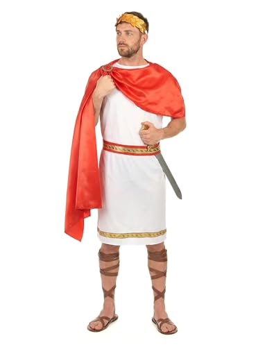 DEGUISE TOI - Déguisement Romain avec couronne homme - Toge avec cape - Ceinture - Serre-tête - M/L - Rouge - Déguisements adultes - 100% polyester - Laver...