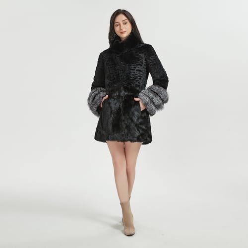 Fur Story Women's Genuine Rabbit Fur Coat With Fox Fur Cuffs Warm Winter Coat Black Long Jacket2
