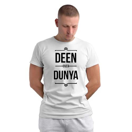 Image of Islamic T-Shirt 'Deen Over Dunya' Printed Self Design Round Neck Half Sleeves White T-Shirt for Men