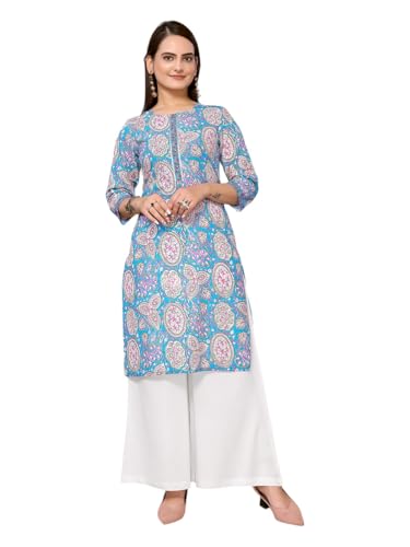 Image of rangita Blue Cotton Knee Length Printed Straight Kurti for Women | Kurta for Women