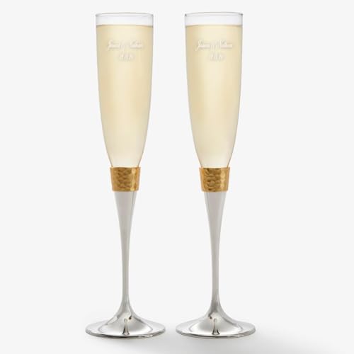 Personalization Universe Gold Hammered Engraved Champagne Flute Set - Custom Wedding Decor, Vintage-Inspired Glass for Bride and Groom - 5 oz, Gift Box Included