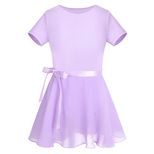 FEESHOW Girls Team Basic Long Sleeve Leotard with Ballet Wrap Skirt Gymnastic Dance Tutu Dress Outfit A Lavender 3-4 Years
