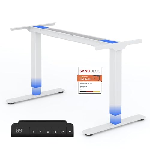 SANODESK Bureau Assis Debout Électrique à 2 Moteurs Charge 120kg, Bureau Réglable en Hauteur en Acier avec Panneau Clavier Contrôle à Fonctions Mémoires, Grand Système Anti-Collision, Blanc