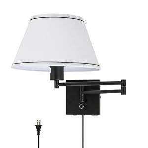 Swing Arm Wall Lamp,17”Wall Sconce Plug in with Type-C and USB Port,Dimmable Switch,Bedroom Wall Light Fixtures,Bedside Reading Lamp,White Shade Black Finish.