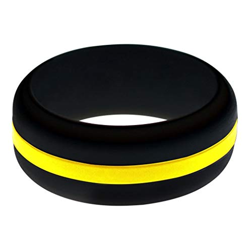 BC Products Thin Yellow Line Silicone Wedding Engagement Ring Band for Men, Active Wear for Firefighter, Hypoallergenic Black with Red Stripe Rubber Sports Crossfit Gym Athletes Loop
